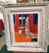 A framed 20th century British school acrylic on canvas board entitled verso 'red interior in the