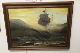 An original oil on canvas 'A square rigged priveteer pursued in stormy seas by a ship of the line'