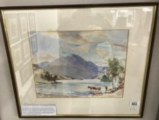 A framed & glazed watercolour 'Scottish Loch with Highland cattle' signed John Kidd Maxton,