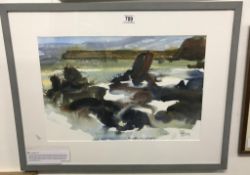 A framed & glazed abstract watercolour 'Trebetherick' Cornwall initialed JM.