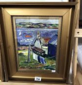 A A framed & glazed 20th century Scottish colourist style acrylic on board, cottages - boats Iona.
