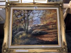 An oil on canvas 'Autumn woodland walk' signed by William (Bill) Makinson. Image 49.5cm x 49.