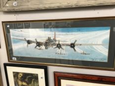 A framed & glazed print 'Fortress under fire' over Germany 1944. Signed by artist Keith Ferris.