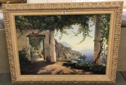 An oil over print 'view to the Amalfi coast' Signed C.F. Aagaard. Image 100cm x 68.