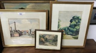 3 framed & glazed watercolours including 'Roman ruins' attributed to Wilfrid C Hawthorne (not