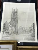 A framed & glazed limited edition print 11/300 'street scene with church' signed by the artist.