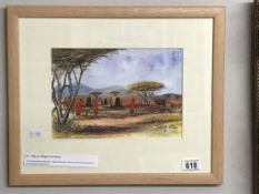 A framed & glazed watercolour signed by the artist. O.G. Ambi 'Masai village'.