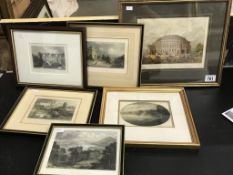 6 framed & glazed antiquarian engravings including Royal Albert Hall,