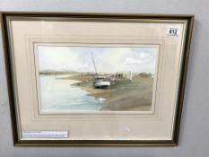 A framed & glazed watercolour 'Talking boats' signed W.L. Woods 1995. Location is Blakeney, Norfolk.