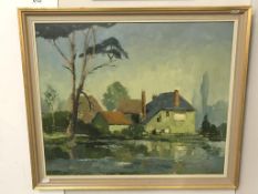 VMJ Jones (20th century British) oil on board 'A Quiet retreat, Dorset' framed label verso. Signed.