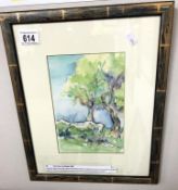 A framed & glazed watercolour 'Two Trees' Signed Fliedel. Image 14.