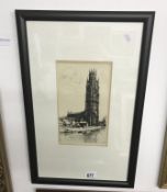 A framed & glazed original etching 'St Butolphs Church' by Miss S.L.Scott, signed.