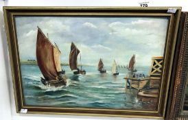 A framed 20th century school marine oil on board of fishing smacks entering harbour, signed M.D.