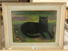 A signed & dated oil on board 'black cat' by Mary Fedden 1915 - 2012. Image 40.5cm x 29.