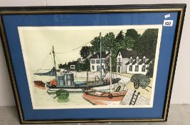 A framed & glazed lithograph of 'fishing boats' at mooring, signed by the artist Dennis Paul Noyer.