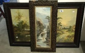 A pair of Edwardian rural prints in ornate wood frames & a print of a Welsh mountain stream