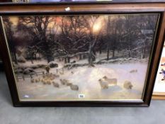 A large framed & glazed print 'sheep in winter field'.