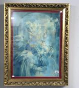 A 20th century oil on board of a lady holding a flower in shades of blue with Russian details on