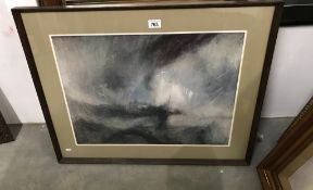 A framed & glazed print 'ship in stormy seas'.