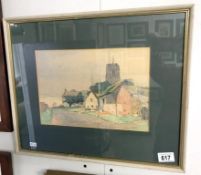 A framed & glazed watercolour 'village with church in background'.