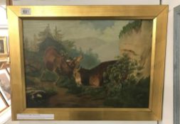 An oil on canvas 'rutting stags' signed & dated Maggie J. Thomas 1896. Image 49cm x 34.