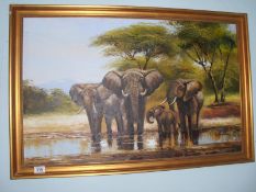 A gilt framed oil on canvas Elephants at Waterhole signed M Cassidy ? (image 87cm x 54cm)