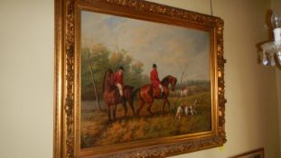 A large gilt framed oil on canvas Huntsmen and Hounds signed G Roy ? (image 120cm x 93cm,
