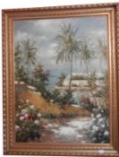 A large gilt framed oil on canvas painting of a tropical scene signed John Dropsey, 116 x 146 cm.