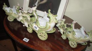 Three continental porcelain chariots in the shape of shells,