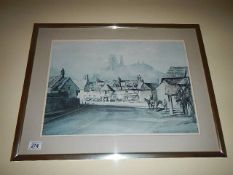 A framed and glazed picture of a village with ruins on a hill (image 50cm x 35cm,