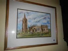 A framed and glazed watercolour Village Church, Mary Magdelene,