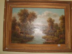 A 19th century oil on canvas Lake in Forest, signed but indistinct (image 90cm x 60cm,