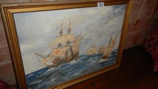 An oil on canvas Men o War at Sea signed Frank Burgess 1980 (image 57cm x 39cm)