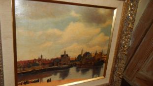 A Dutch oilograph Harbour Scene in an ornate frame (image 41cmx 34cm,