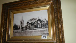 A reproduction sepia photograph of Battleford Hall and Church,