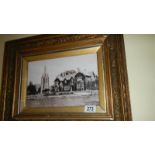 A reproduction sepia photograph of Battleford Hall and Church,