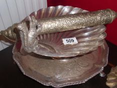 A silverplate scallop shell with squirrel figure and other silverplate items