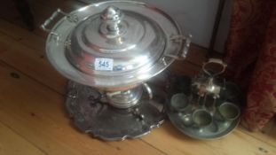 A silverplate tureen with burner etc