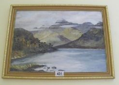 An oil painting of lake and mountains.