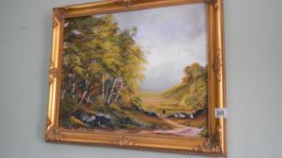 A gilt framed oil on canvas Shepherd and Sheep in Valley signed L Rollinson (image 39cm x 39.