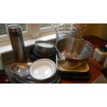 A jam pan, enamel dishes, cake tins, stainless steel trays etc.