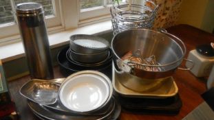 A jam pan, enamel dishes, cake tins, stainless steel trays etc.