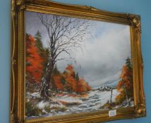 An oil on canvas Woodland scene in gilt frame signed L Rollinson (image 49cm x 39cm)