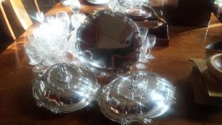 Two silverplate tureens and a silverplate tray