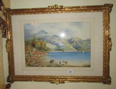 A framed and glazed watercolour panoramic landscape of a loch with figures in boats,