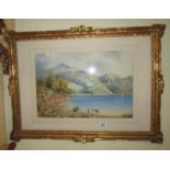 A framed and glazed watercolour panoramic landscape of a loch with figures in boats,