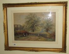 A John Syer Junior (1846-1913) gilt framed watercolour landscape of ruins and figures signed and