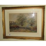 A John Syer Junior (1846-1913) gilt framed watercolour landscape of ruins and figures signed and