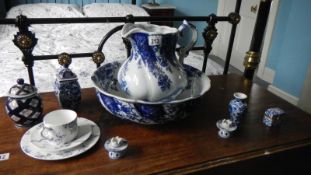 A blue and white Jug and Bowl set and other blue and white china