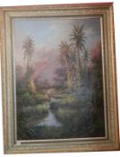 A gilt framed oil on canvas tripical scene,